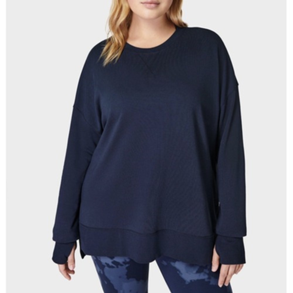 Sweaty Betty Sweatshirt Womens XXL Blue Terry Crewneck Relaxed Pockets Boxy